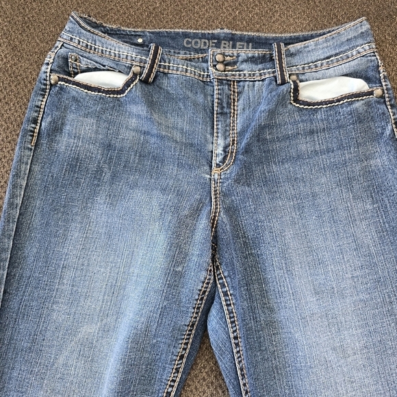 Code Bleu Jeans Womens 14 Mid Rise Blue Capri Fit 36×22 Stretch Pockets Slits - Picture 5 of 15